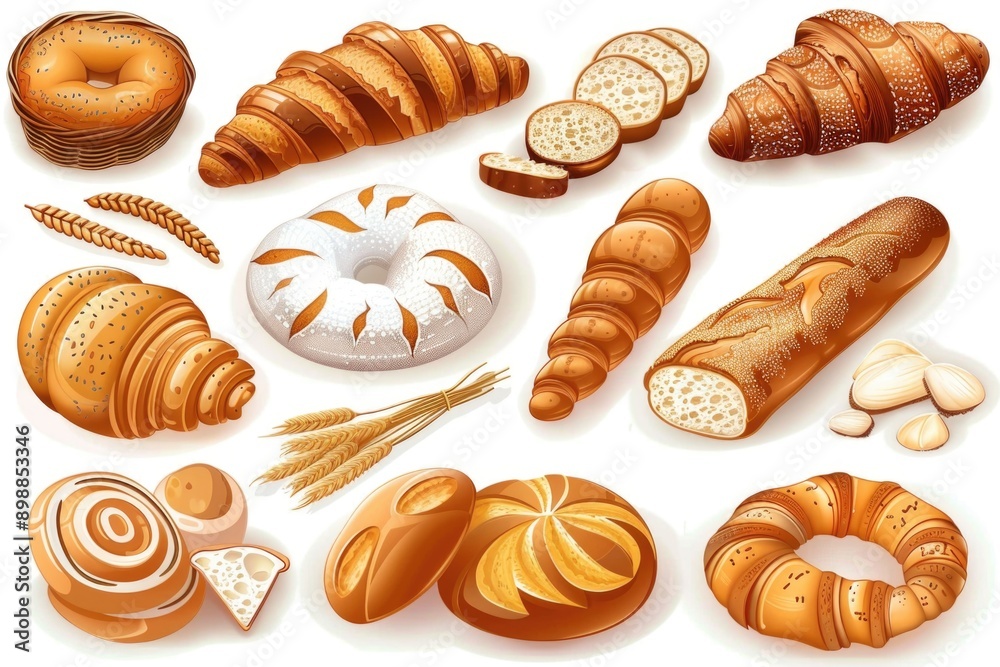 A collection of various breads and pastries, including croissants, bagels, and rolls A collection of various breads and pastries, including croissants, bagels, and rolls