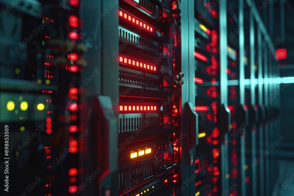 A computer server room with red lights on the servers A computer server room with red lights on the servers
