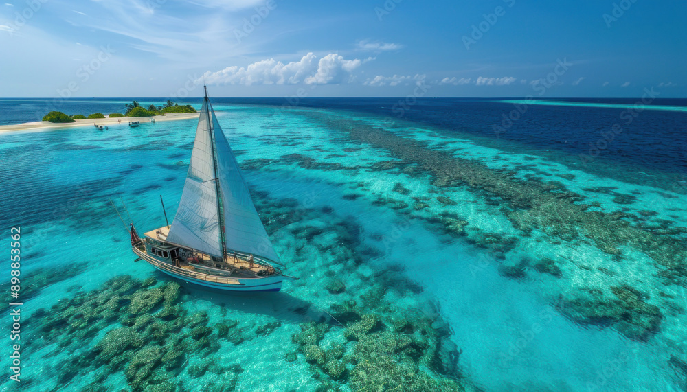 A sailboat drifts above a coral reef in the ocean under a clear sky with fluffy clouds A sailboat drifts above a coral reef in the ocean under a clear sky with fluffy clouds