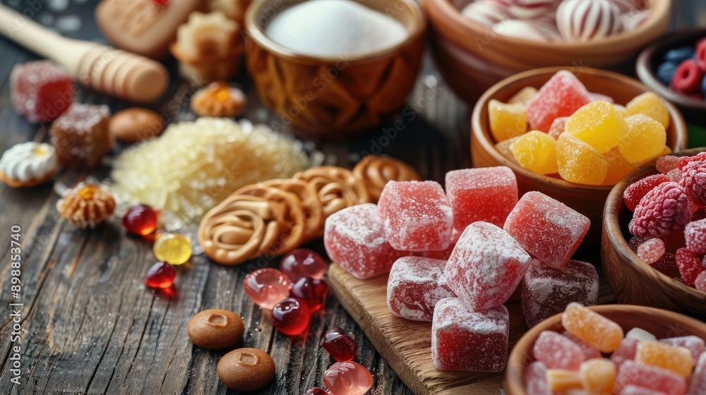 A variety of sugars and candies displayed on a rustic table ready to eat