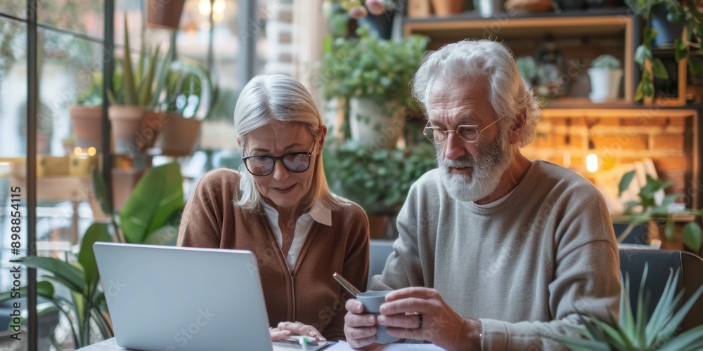 A man and woman are sitting at a table looking at a laptop. The man is holding a cup of coffee A man and woman are sitting at a table looking at a laptop. The man is holding a cup of coffee