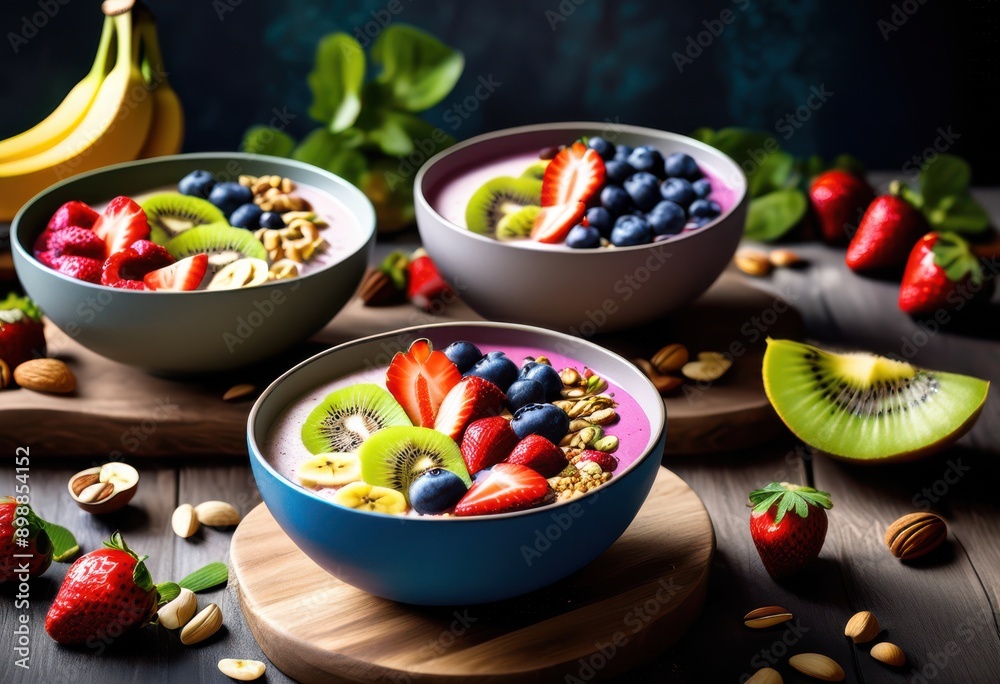 colorful creative smoothie bowls artfully styled array fresh toppings nuts healthy delicious breakfast treat, fruit, yogurt, granola, seeds, berries, banana colorful creative smoothie bowls artfully styled array fresh toppings nuts healthy delicious breakfast treat, fruit, yogurt, granola, seeds, berries, banana