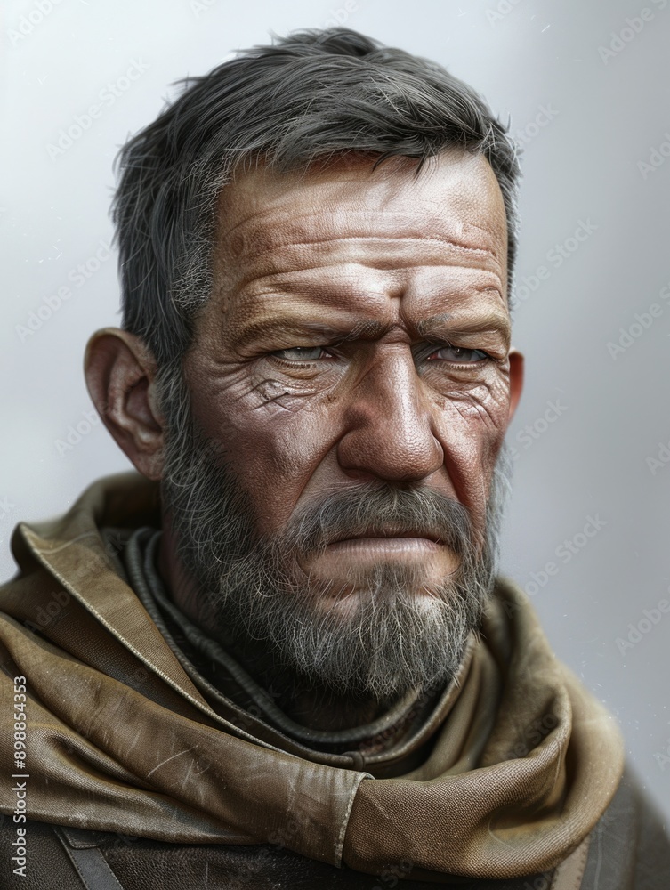 A man with a beard and a scarf around his neck. He looks angry and tired. The scarf is brown and has a pattern A man with a beard and a scarf around his neck. He looks angry and tired. The scarf is brown and has a pattern