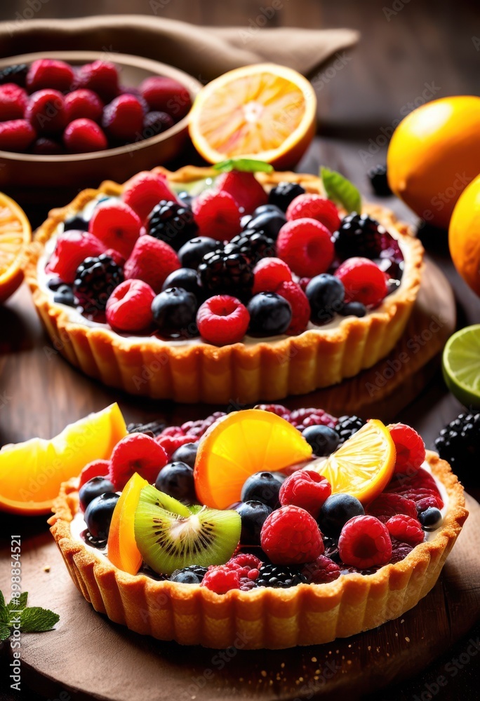 colorful seasonal fruit tart showcased under soft natural light vibrant fresh creamy filling rustic wooden table, berry, citrus, dessert, display, freshness colorful seasonal fruit tart showcased under soft natural light vibrant fresh creamy filling rustic wooden table, berry, citrus, dessert, display, freshness