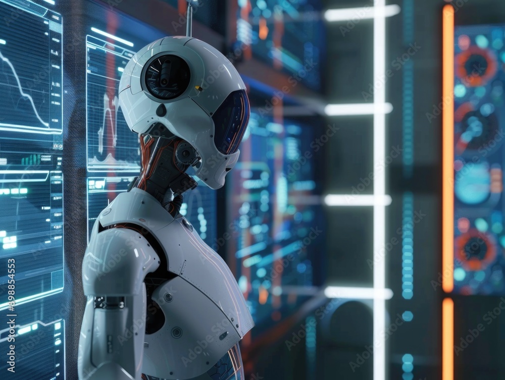 A robot stands in front of a wall of computer monitors. The robot is white and has a head with a blue light on it. The computer monitors are all different sizes and colors, and they are all turned on