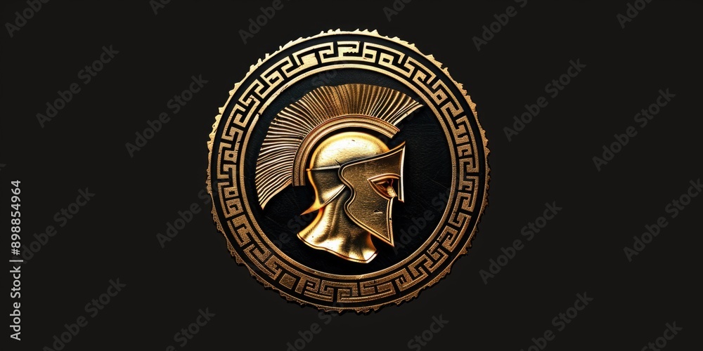 A gold and black circle with a man's head on it. The circle is surrounded by a pattern of lines and shapes A gold and black circle with a man's head on it. The circle is surrounded by a pattern of lines and shapes