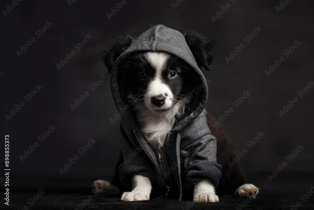 A small black and white dog is wearing a hoodie A small black and white dog is wearing a hoodie