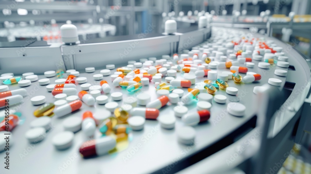 Obraz premium A conveyor belt is filled with pills of various colors and shapes. The pills are being manufactured in a factory