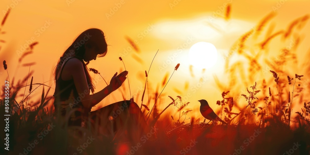 A woman sits in a field with a bird and a sunset in the background. Concept of peace and tranquility, as the woman is surrounded by nature and the bird is perched nearby. The sunset adds a warm A woman sits in a field with a bird and a sunset in the background. Concept of peace and tranquility, as the woman is surrounded by nature and the bird is perched nearby. The sunset adds a warm