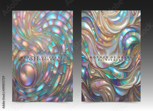 Iridescent cover set design. Luxury background collection, abstract shapes, mosaical style. Precious platinum texture.