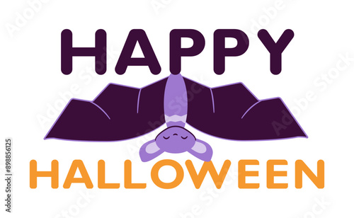 Cute Bat Happy Halloween. Card for spooky holiday. Mouse upside down Kawaii Vampire. Chiropteran animal. Banner for scary autumn event. Color image - purple, yellow. Cartoon. Vector illustration