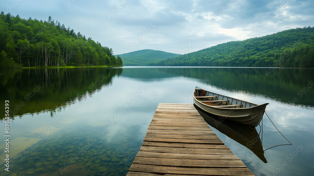 Lake Surrounded by Forested Hills with Wooden Dock and Rowboat Reflection Lake Surrounded by Forested Hills with Wooden Dock and Rowboat Reflection