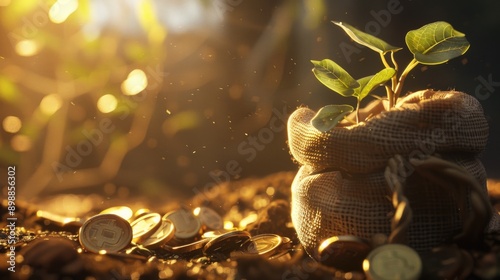 A plant is growing in a bag with a bunch of coins on the ground. The coins are arranged in a way that they look like they are being planted into the ground. The scene has a sense of growth