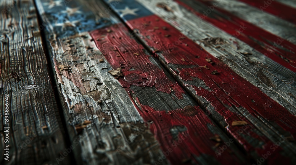 Fototapeta premium A wooden floor with a red, white and blue American flag on it. The flag is old and worn, with some parts of it missing. The floor is made of wood and has a rustic, vintage feel to it