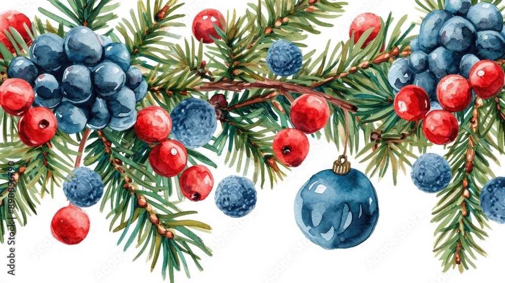 A watercolor painting of a Christmas tree with blue and red berries and a blue ornament hanging from it