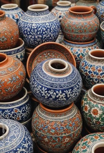  A close-up of intricate Turkish ceramics at a bazaar. 