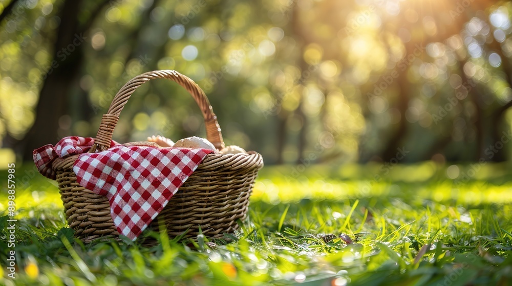 One picnic wicker basket with checkered napkin and blanket on green grass. Space for text One picnic wicker basket with checkered napkin and blanket on green grass. Space for text