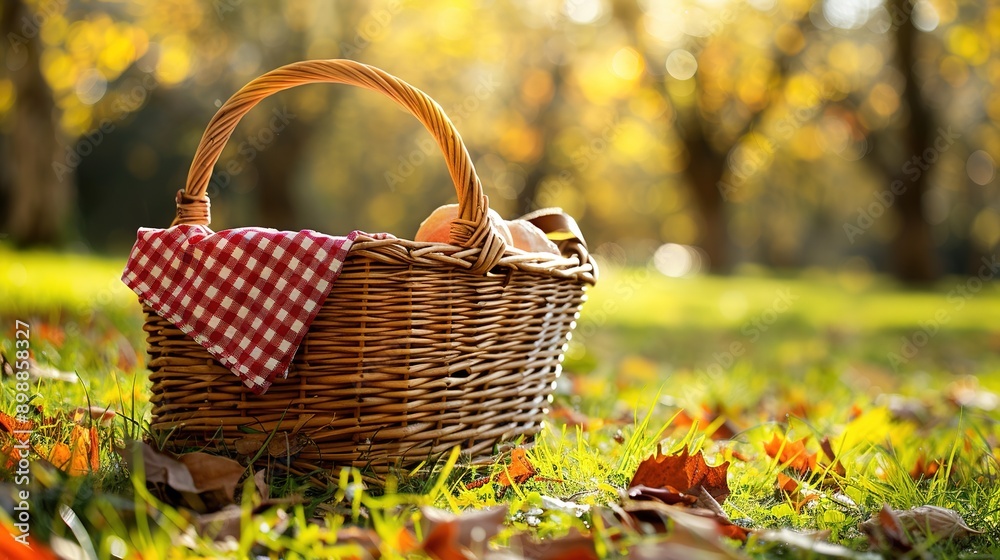 One picnic wicker basket with checkered napkin and blanket on green grass. Space for text One picnic wicker basket with checkered napkin and blanket on green grass. Space for text