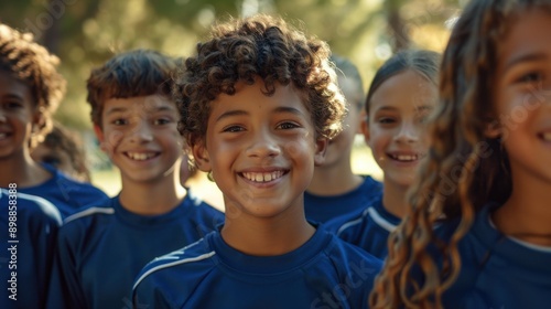 A group of young soccer players are smiling and posing for a photo. AI.
