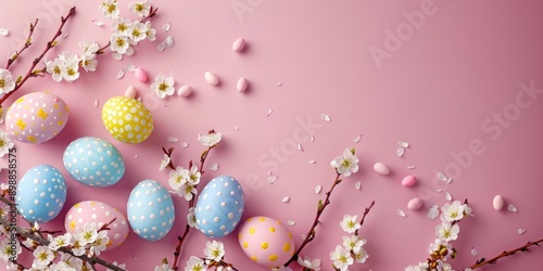 A pink background with a bunch of eggs and flowers. Scene is cheerful and playful, as it is a representation of Easter