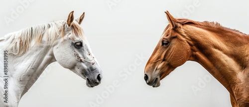 White and Brown Horses Face to Face. Generative ai. photo