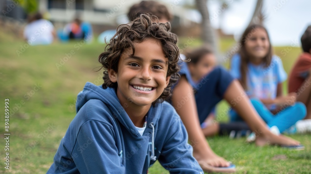 A young boy smiles for the camera while sitting on the grass with friends. AI.