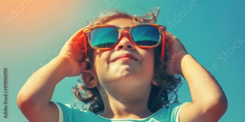 A child wearing sunglasses looks up at the sky. AI.