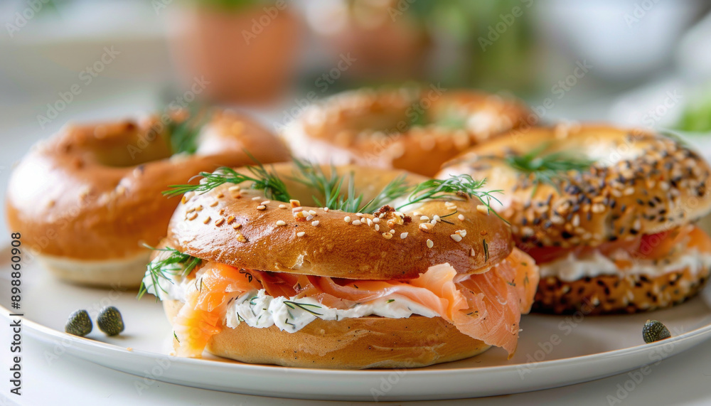 A bagel with smoked salmon and cream cheese on a plate makes a delicious meal option A bagel with smoked salmon and cream cheese on a plate makes a delicious meal option