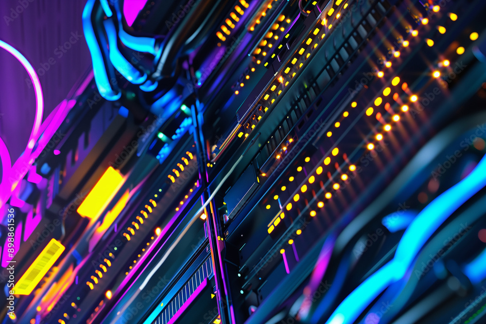 Close-up of vibrant computer server with glowing lights Close-up of vibrant computer server with glowing lights