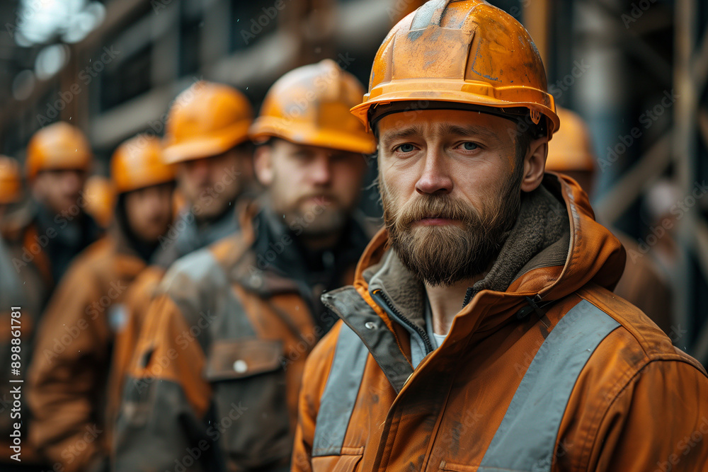 Group of miners in safety gear on a job site at dusk. Generative AI Group of miners in safety gear on a job site at dusk. Generative AI