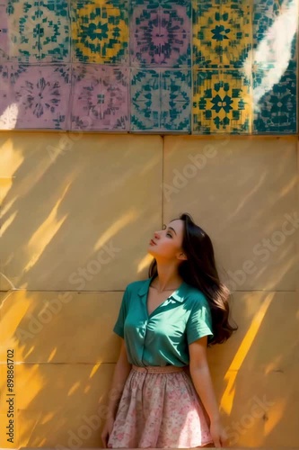 mujer en el centro de sincelejo mirando hacia arriba  con la iglesia de fondo, Smiling Young Woman in Sports Clothing