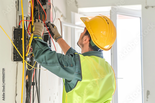 Electrician working on wiring installation in residential building during daylight hours. Generative AI photo