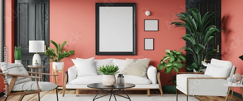 Modern Scandinavian living room featuring coral walls, black poster frame, white furniture, wooden accents, and green plants. 3D illustration.