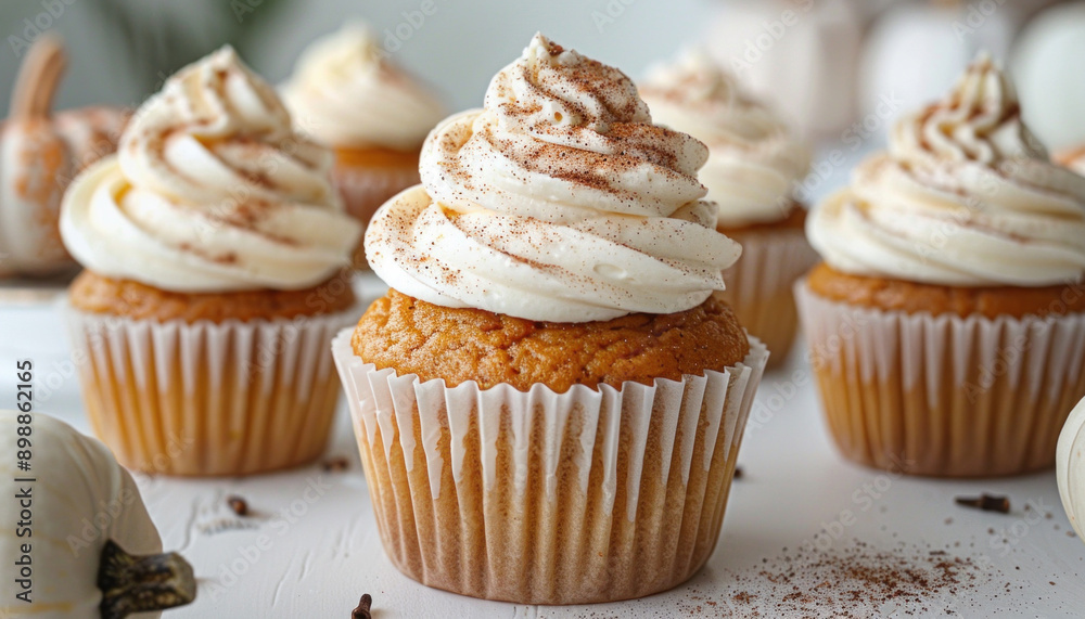 A close up of a pumpkin cupcake with creamy frosting on a table, ready to be enjoyed A close up of a pumpkin cupcake with creamy frosting on a table, ready to be enjoyed