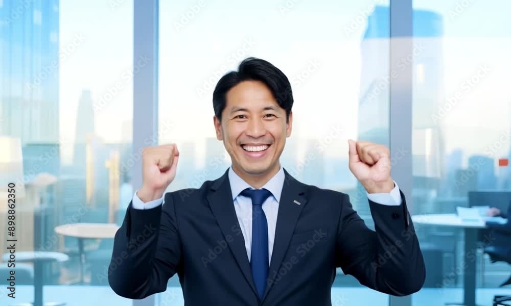 Asian businessman with raised hands gesture celebrating victory, achievement and success. Japanese businessman makes successful gestures by raising his hands in celebration. Asian businessman with raised hands gesture celebrating victory, achievement and success. Japanese businessman makes successful gestures by raising his hands in celebration.