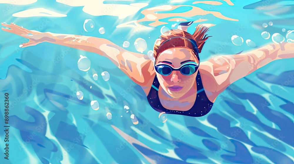 Fototapeta premium Bright and Colorful Animated Character of an Asian Young Woman Swimming