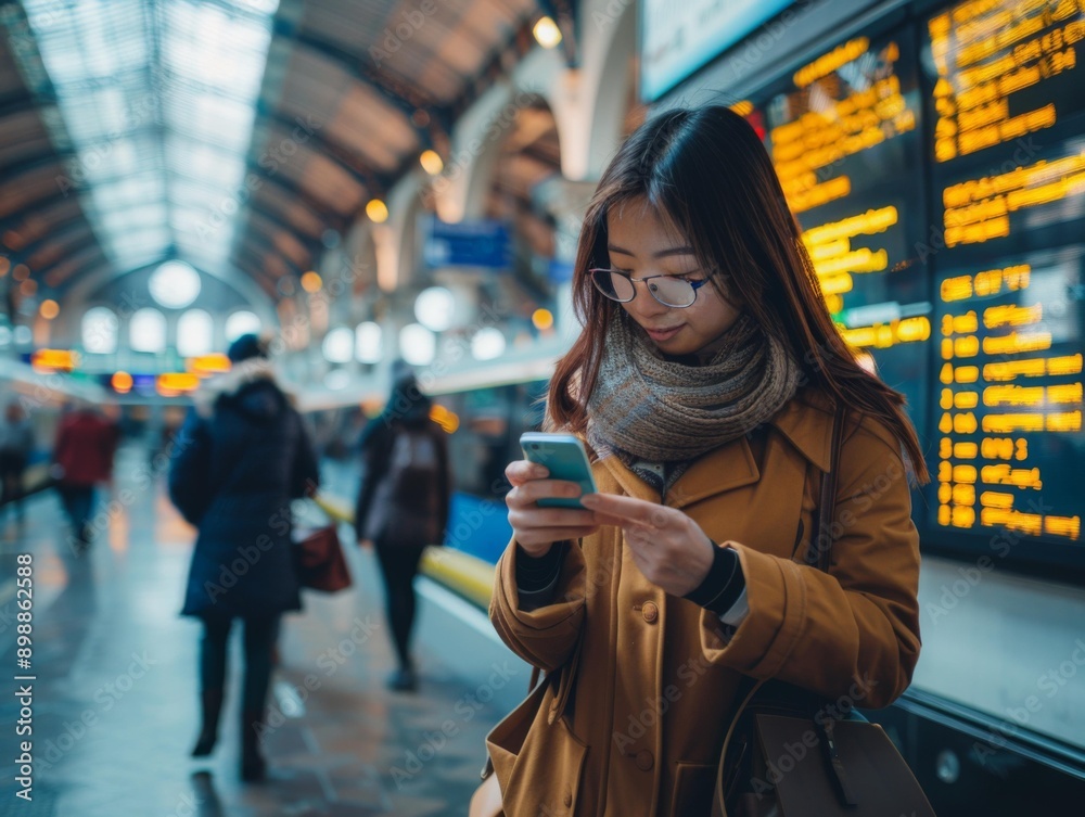 Obraz premium A young woman checks her phone while waiting for her train. AI.
