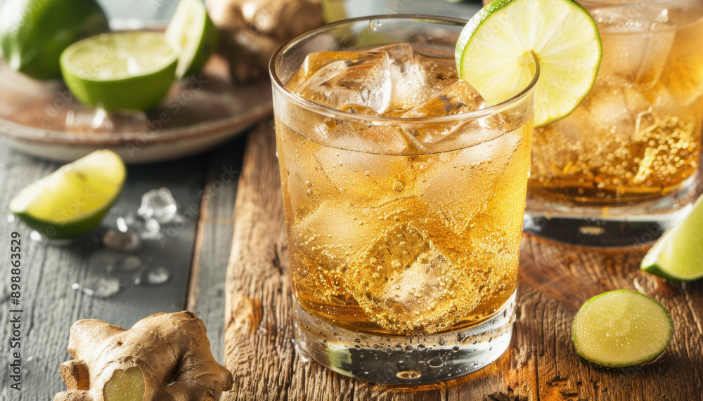 A refreshing drink made of ginger ale, ice, and lime slices served on a wooden table