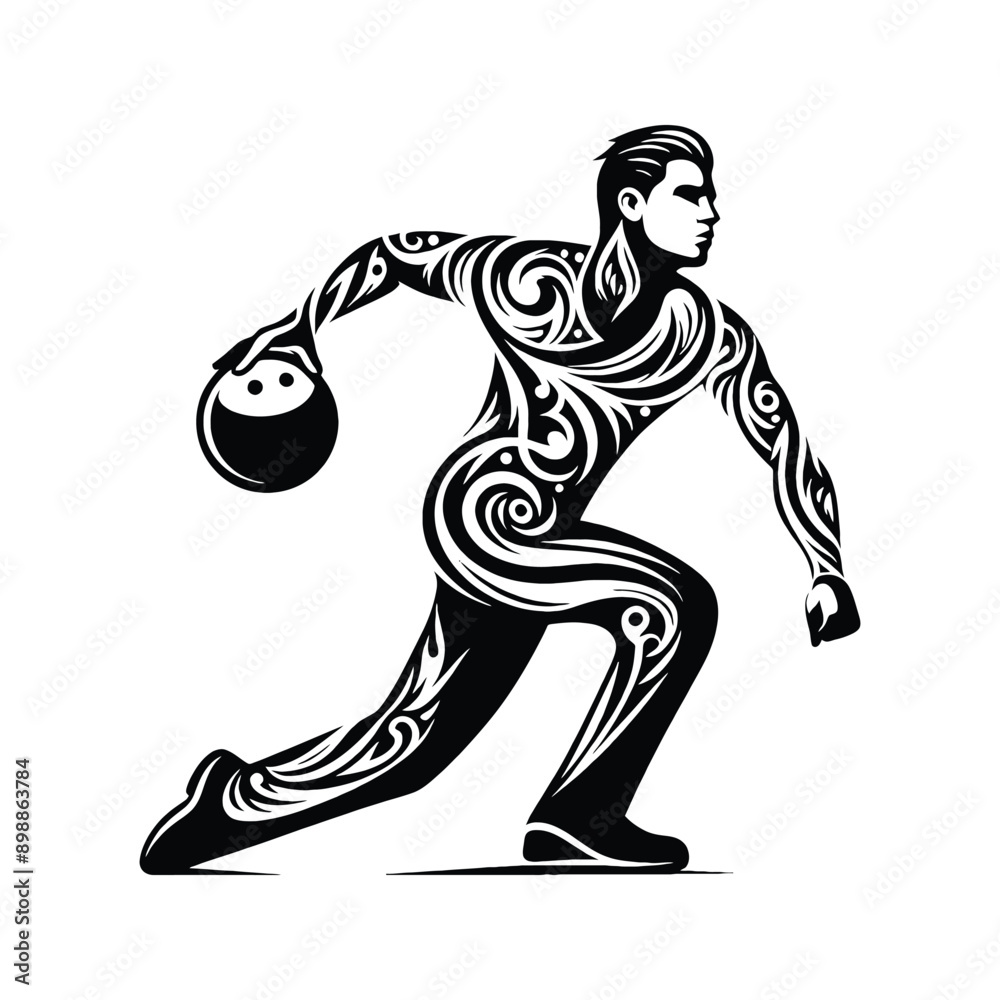 Bowling male player in ethnic tribal pattern illustration, emblem shield badge Bowling male player in ethnic tribal pattern illustration, emblem shield badge