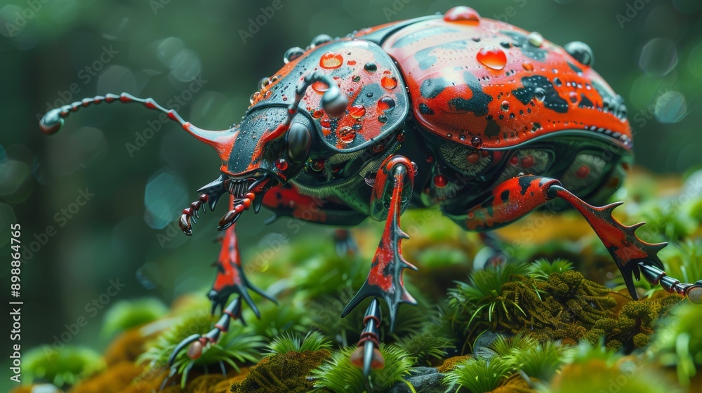Giant beetle with water drops on its back walking on moss in the forest after the rain Giant beetle with water drops on its back walking on moss in the forest after the rain