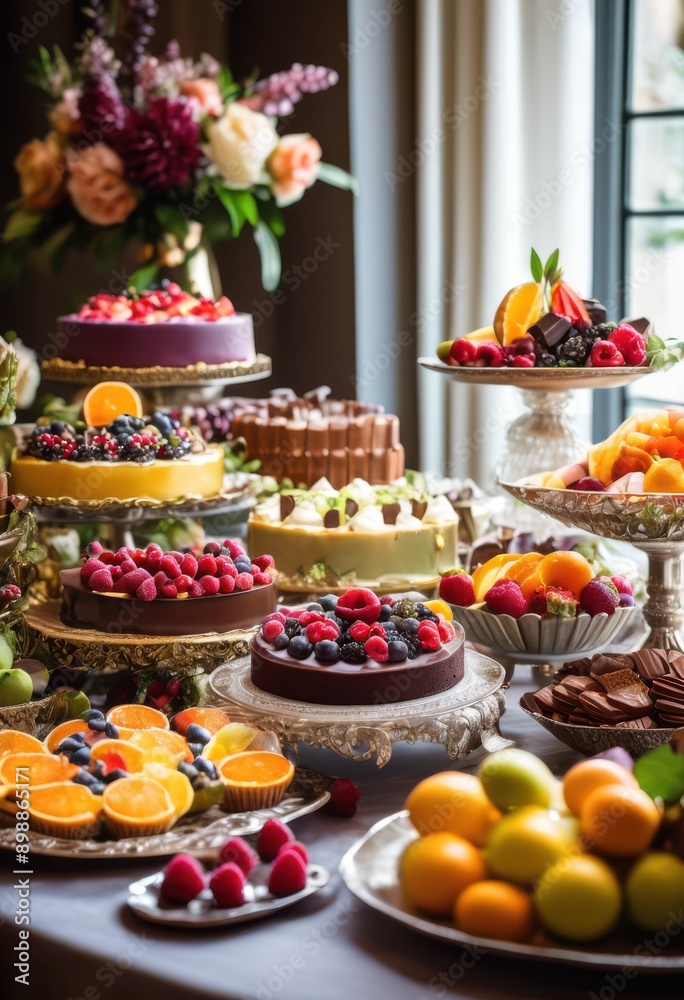 elegant dessert spread showcasing array diverse sweets including fruits displayed aesthetically beautiful table setting, cakes, pastries, chocolates elegant dessert spread showcasing array diverse sweets including fruits displayed aesthetically beautiful table setting, cakes, pastries, chocolates