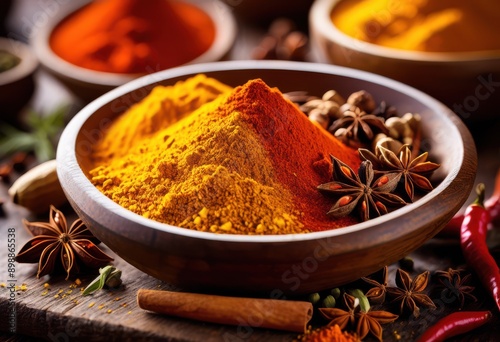 Fototapeta Naklejka Na Ścianę i Meble -  vibrant artistic shots featuring variety spices traditional mortar pestle setting capturing natural ingredients, colors, textures, herbs, seasoning, grains