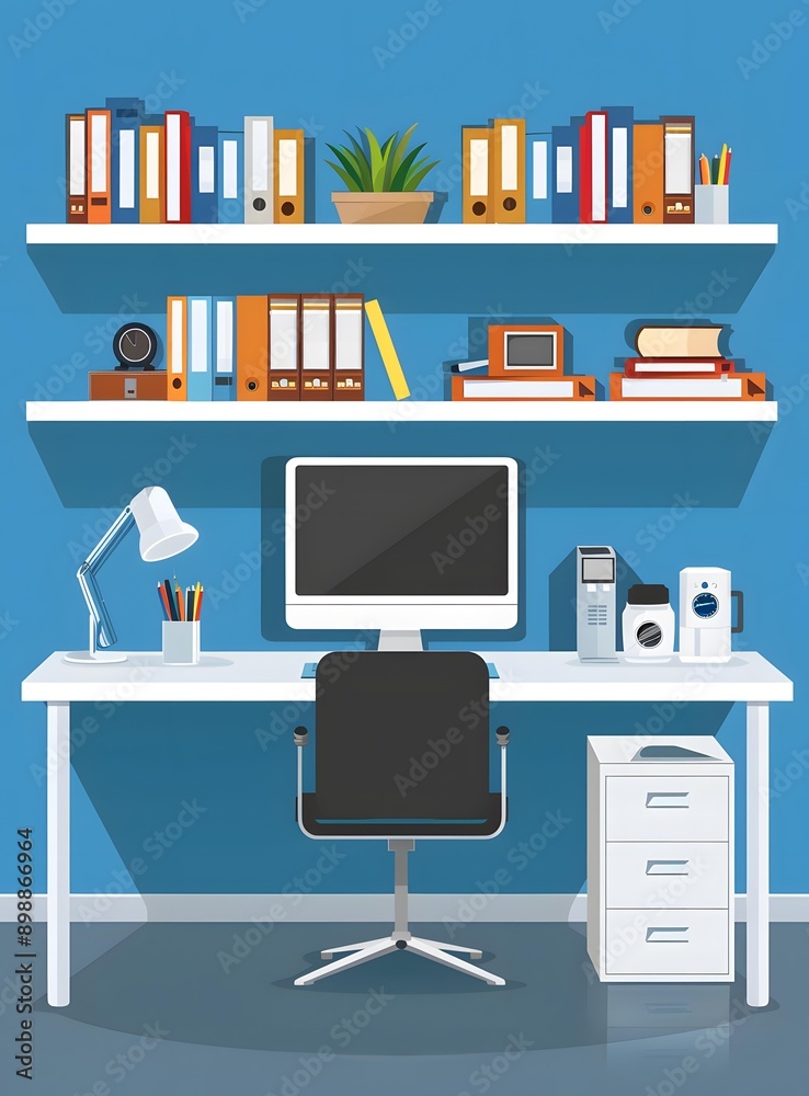 Home Office Desk with Computer, Books and a Plant Home Office Desk with Computer, Books and a Plant