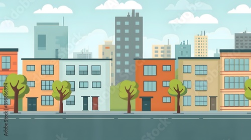 Cartoon Cityscape with Buildings and Trees Illustration