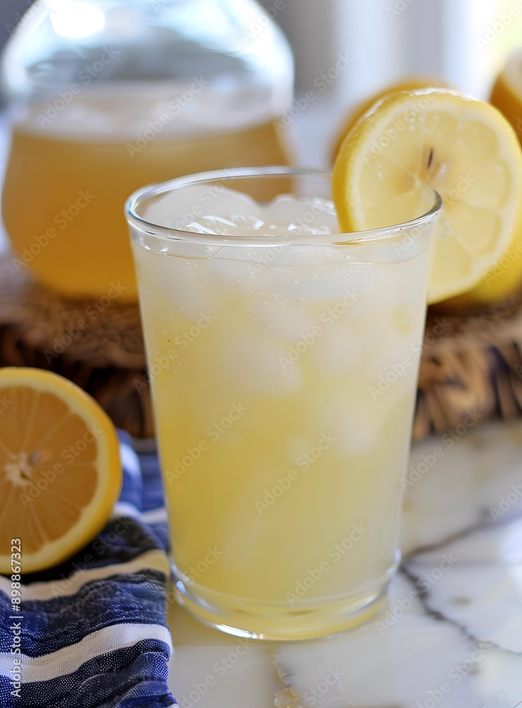 Glass of Lemonade with Ice and Lemon Slices Glass of Lemonade with Ice and Lemon Slices