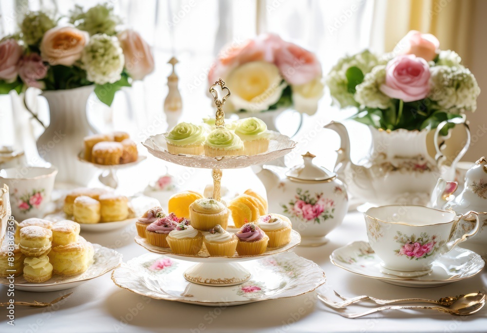 elegant dainty tea party setup featuring assorted pastries delicate table fine china floral decorations, afternoon, sweets, treats, desserts, cookies, cupcakes elegant dainty tea party setup featuring assorted pastries delicate table fine china floral decorations, afternoon, sweets, treats, desserts, cookies, cupcakes