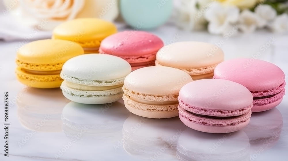 Vibrant macarons on reflective surface, creating a delightful and charming dessert ambiance Vibrant macarons on reflective surface, creating a delightful and charming dessert ambiance