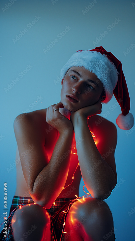 portrait of a gay man sitting with a blue background, christmas lights on his body, and a santa claus hat with decoration on christmas eve