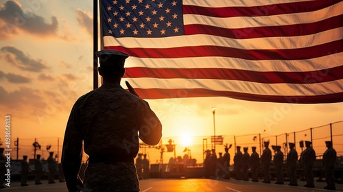 American naval sailor saluting the united states flag on the aircraft carrier s deck photo