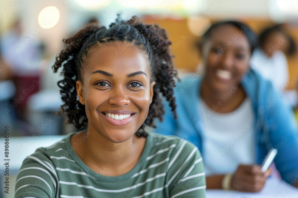 Smiling Female Students in Classroom Smiling Female Students in Classroom